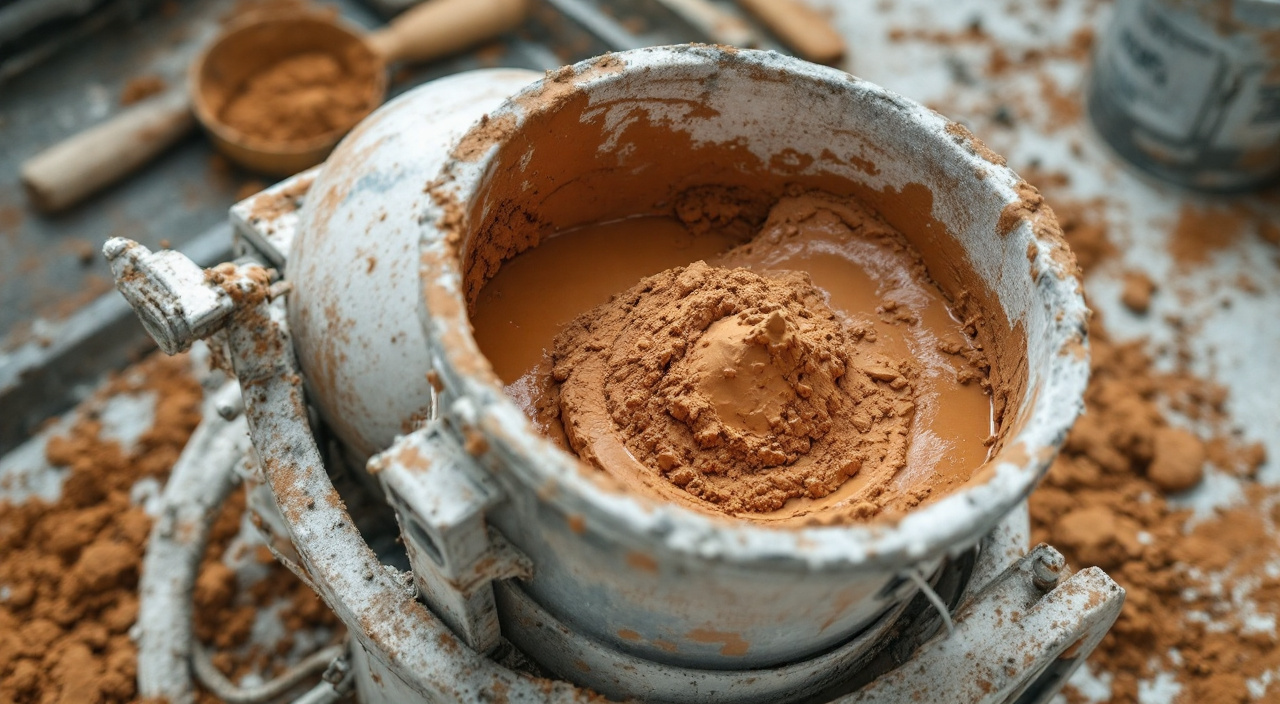 Bétonnière de chantier avec un mortier coloré fraîchement gâché et un seau de pigment en poudre
