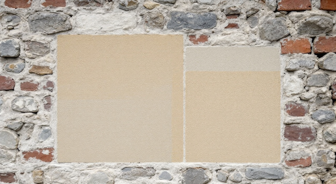 Deux carrés d'enduit d'essai, un beige chaud et un beige rompu, posés côte à côte contre un mur de silex gris bleu à chaînage de brique