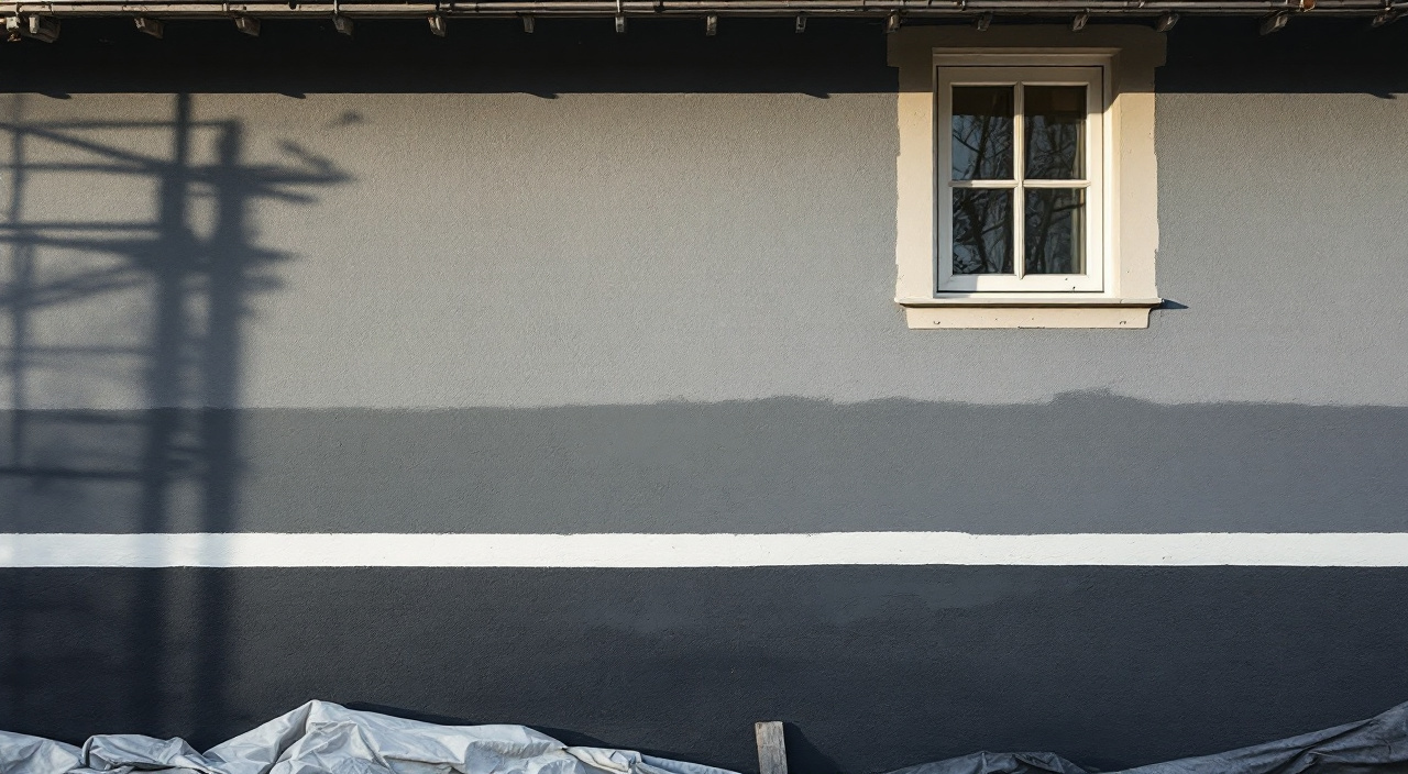 Façade en cours de changement de teinte, moitié basse en gris foncé, moitié haute encore en crème clair