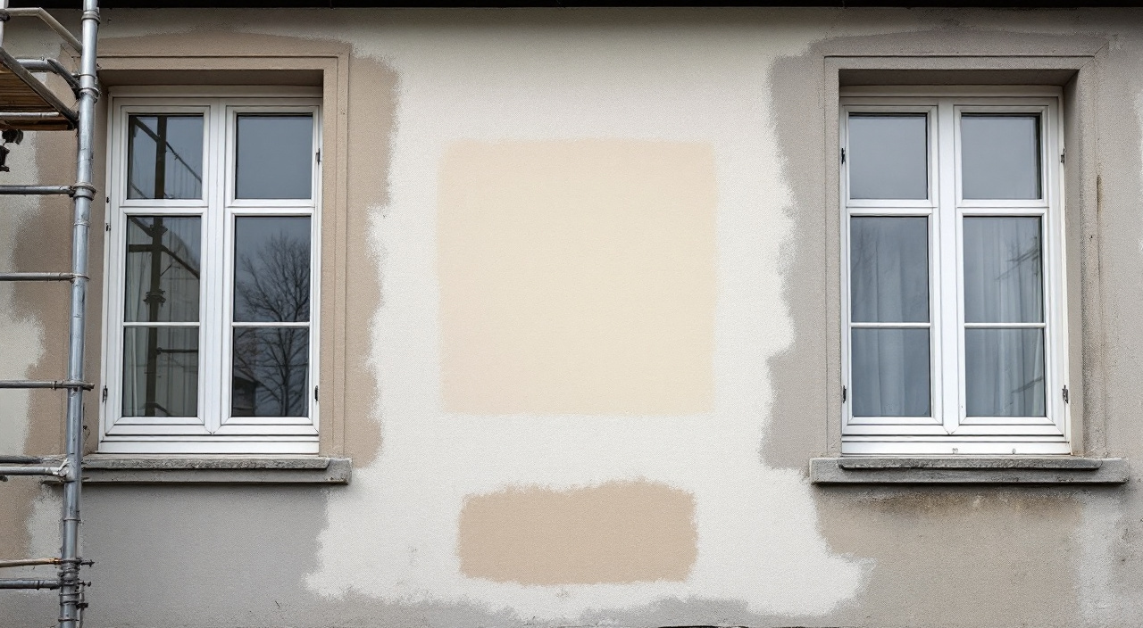Trois carrés d'essai de teinte appliqués côte à côte sur la façade d'un immeuble, entre deux fenêtres