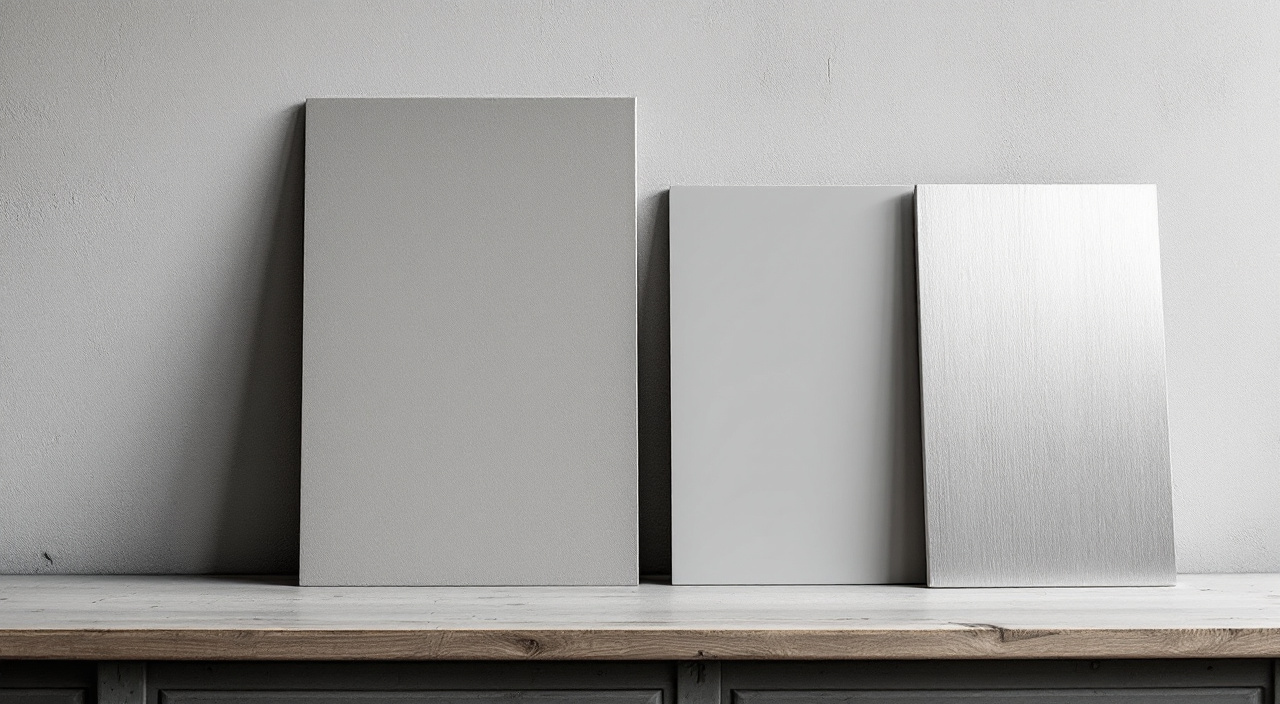 Quatre échantillons de la même teinte grise sur enduit gratté, peinture mate, profil aluminium laqué et bardage métallique