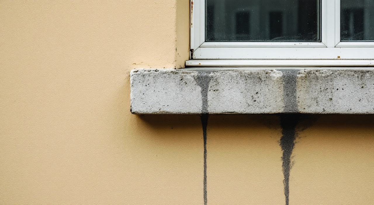Deux coulures verticales sombres descendant sous les extrémités d'un appui de fenêtre en béton, sur un enduit ocre clair
