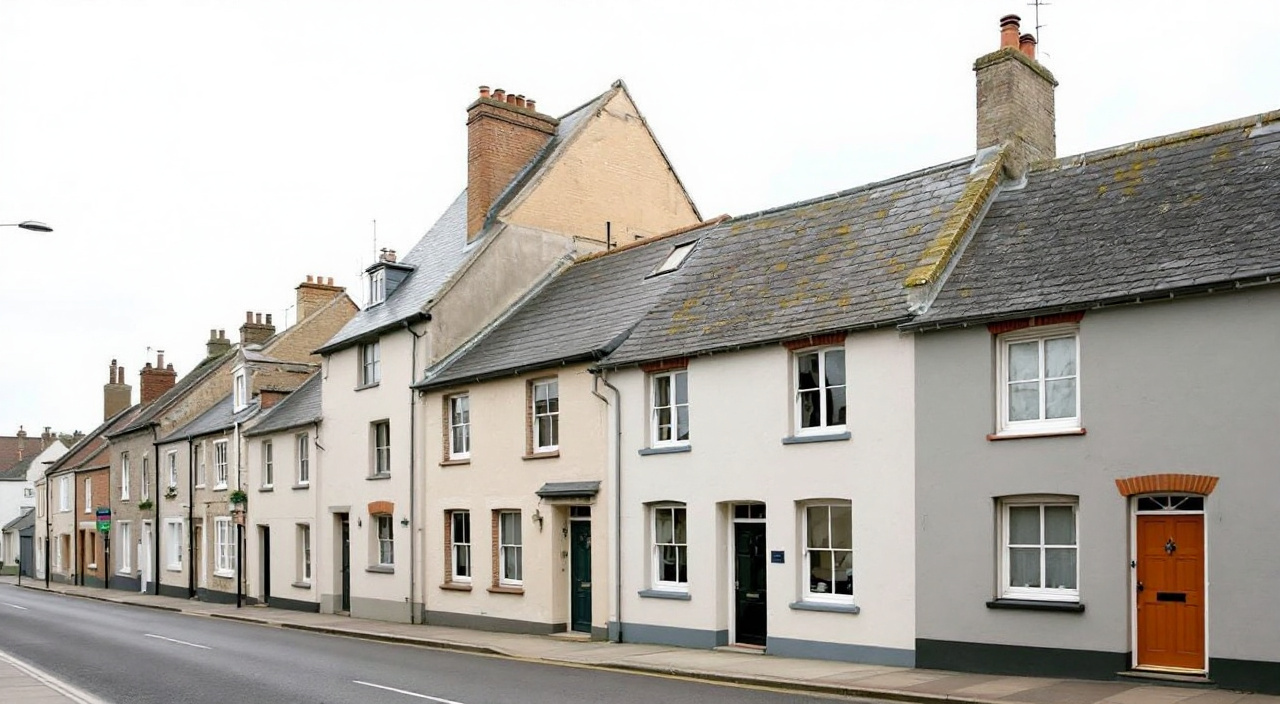 Rangée de maisons de bourg mitoyennes aux enduits sable et gris, avec un pignon dépassant au-dessus du toit voisin
