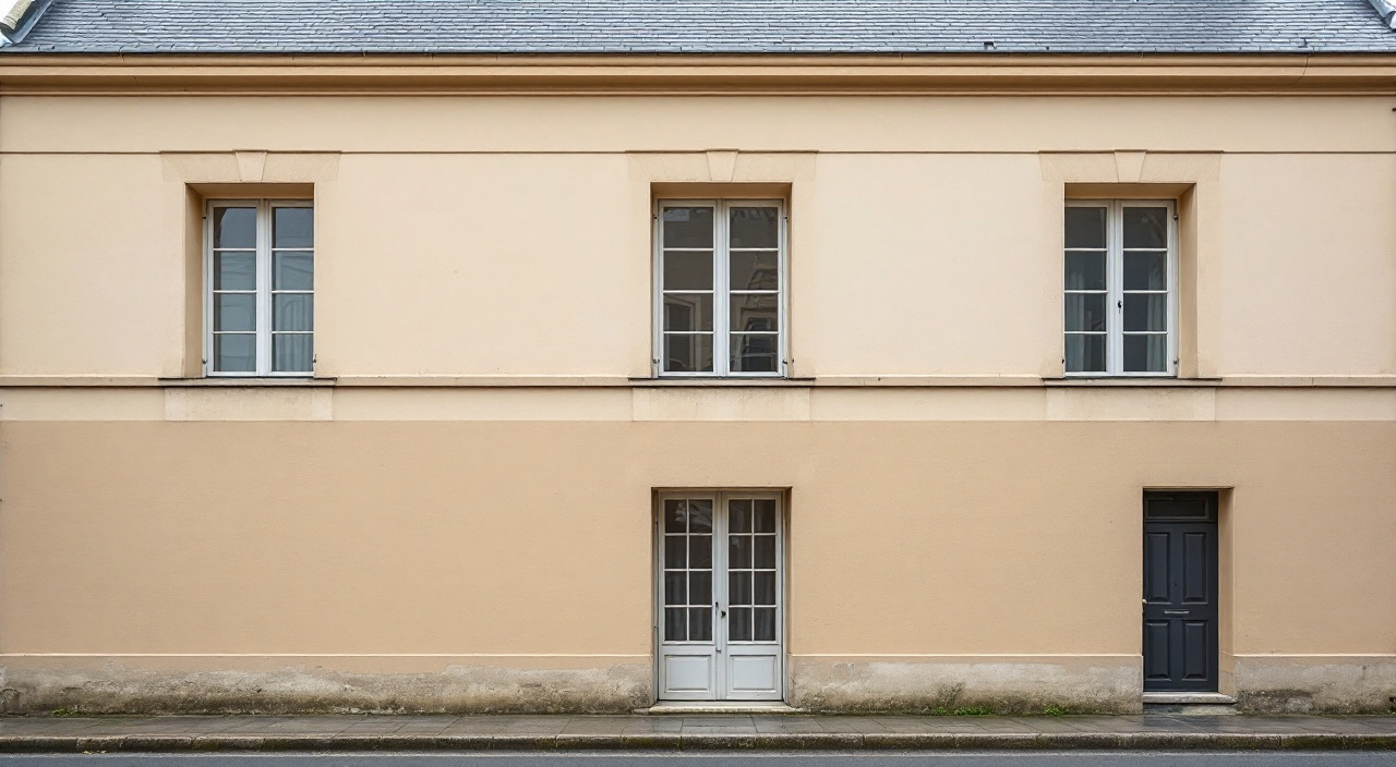 Façade à deux niveaux traitée en deux teintes, la limite tombant sur un bandeau saillant au droit du plancher du premier étage