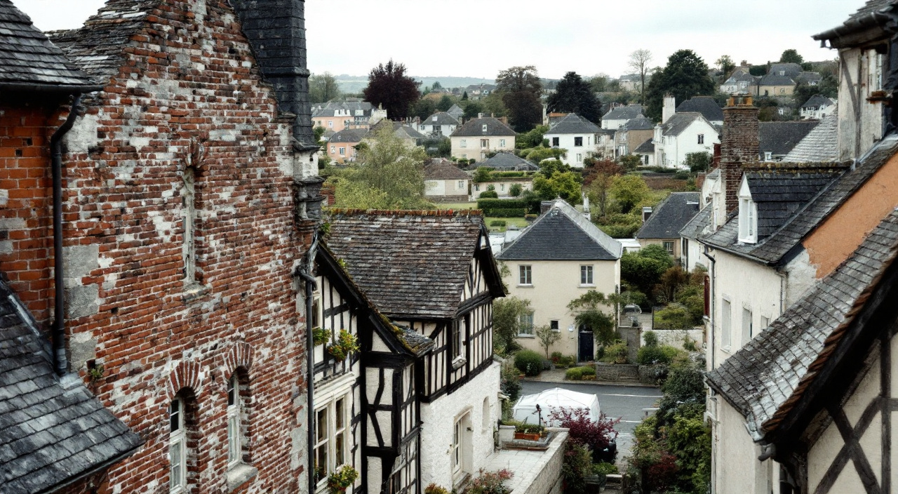 Vue plongeante depuis une rue ancienne : façades de brique, silex et pan de bois au premier plan, pavillons enduits en tons pastel en contrebas.