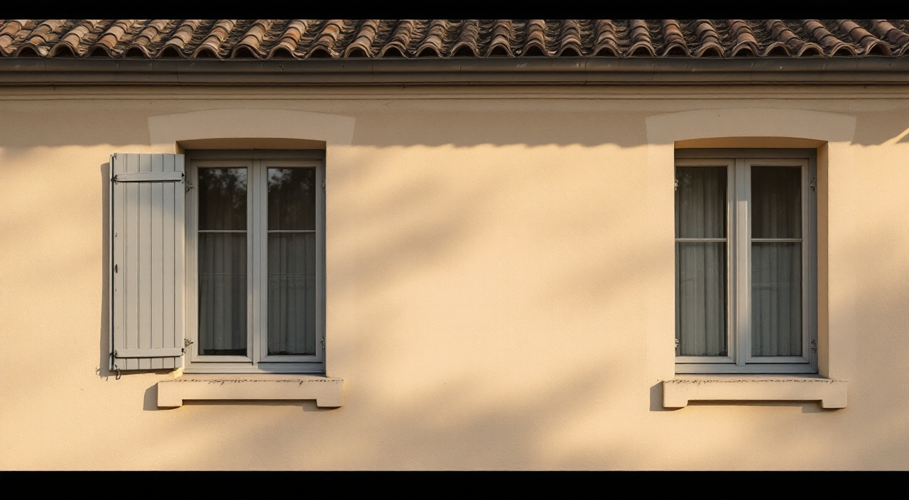 Façade enduite ton sable dont les encadrements et le bandeau sont d'un ton légèrement éclairci, en lumière rasante
