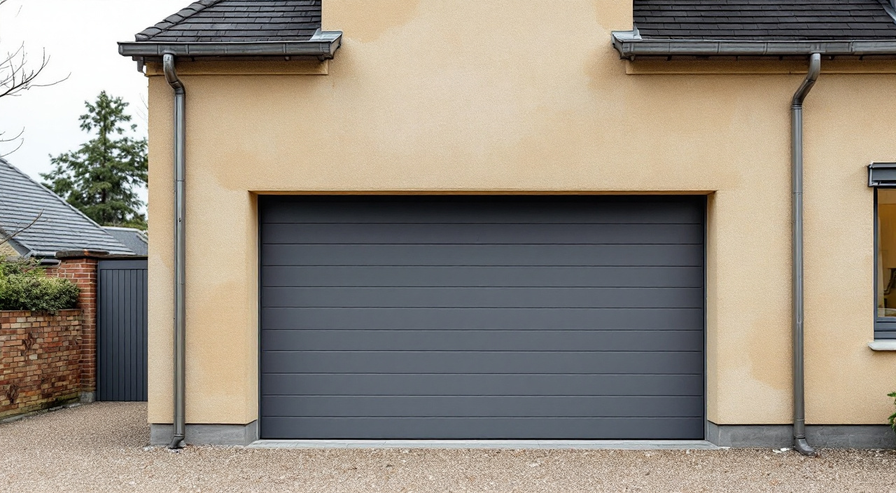 Façade de pavillon avec une large porte de garage sectionnelle à rainures horizontales, enduit sable et volets gris ardoise