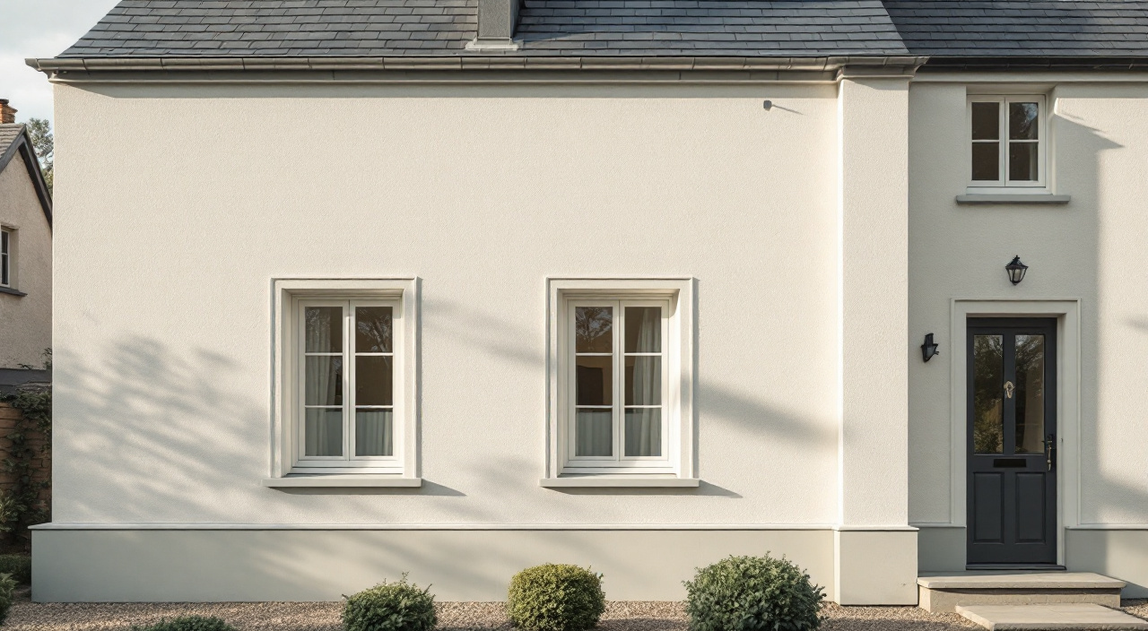 Façade enduite d'un blanc rompu en lumière rasante, menuiseries blanches plus lumineuses que le mur