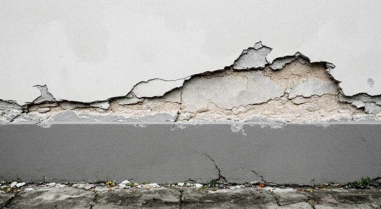 Façade en deux teintes : champ clair au-dessus, soubassement gris en dessous