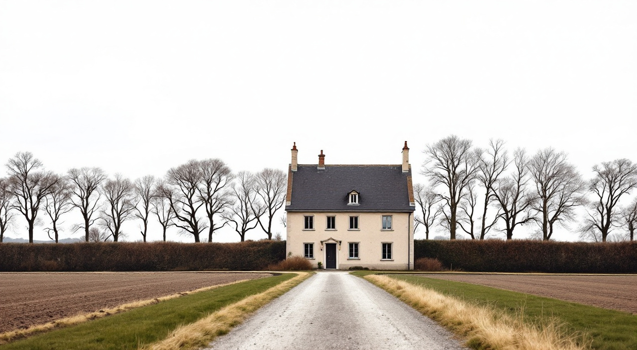 Maison isolée à l'enduit sable gris devant une haie, au bout d'un chemin de campagne