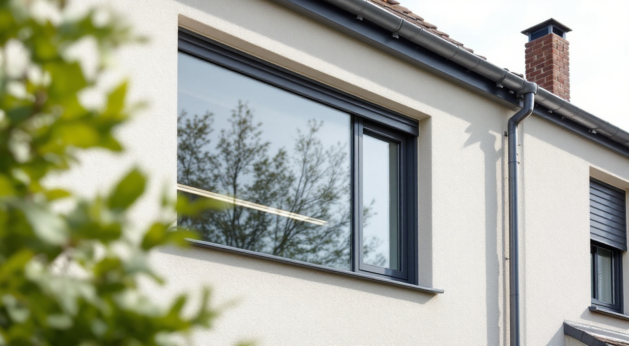 Fenêtres à dormants gris anthracite sur un mur enduit dans un blanc cassé rompu