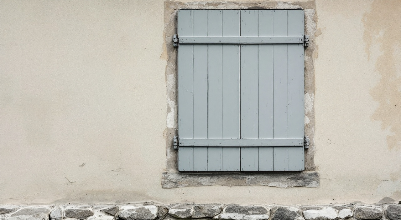 Angle de façade normande sous ciel couvert : enduit gratté gris chaud et volet peint gris froid côte à côte.