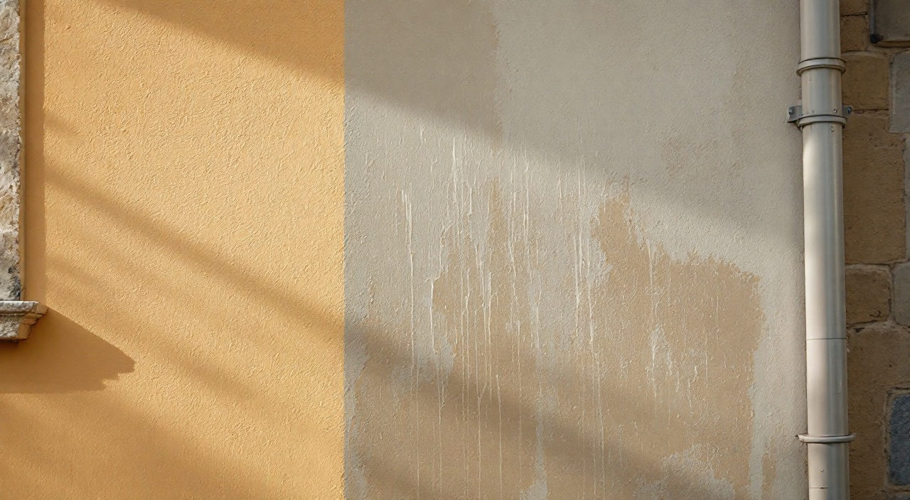 Façade en enduit teinté ocre sable dont une partie vient d'être lavée, l'autre encore couverte d'un voile verdâtre