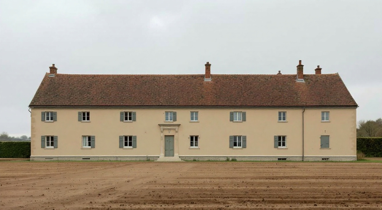 Longue façade basse d'une longère normande enduite en teinte sable désaturée, percée de petites fenêtres régulières