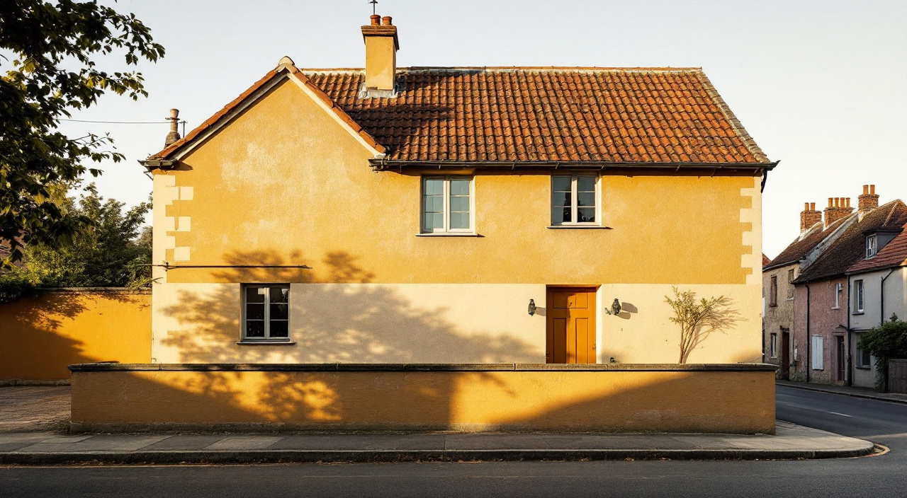 Pignon de maison rurale enduit d'un ocre rabattu sous une couverture de tuiles vieillies, en lumière rasante de fin d'après-midi.