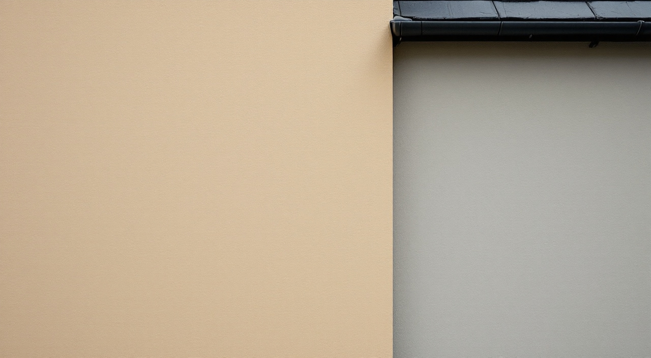 Deux façades mitoyennes d'enduit, un beige sable et un gris froid, séparées par une ligne verticale nette