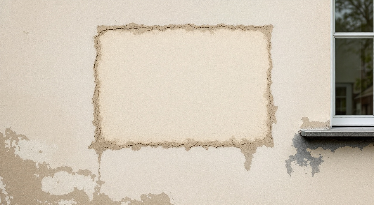 Reprise rectangulaire d'enduit beige au milieu d'une façade vieillie, plus claire que le mur alentour, avec un bord net visible.