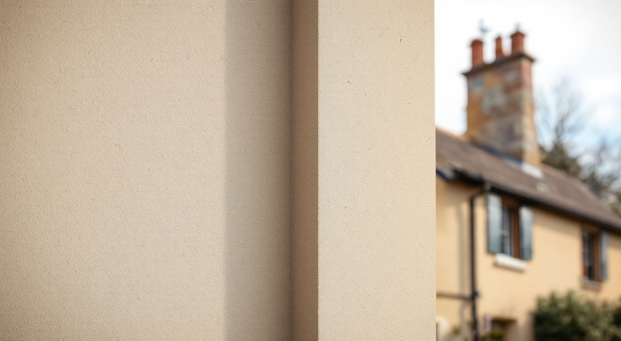 Jonction entre une extension neuve et une façade ancienne, avec des surfaces témoins d'enduit de teintes légèrement différentes