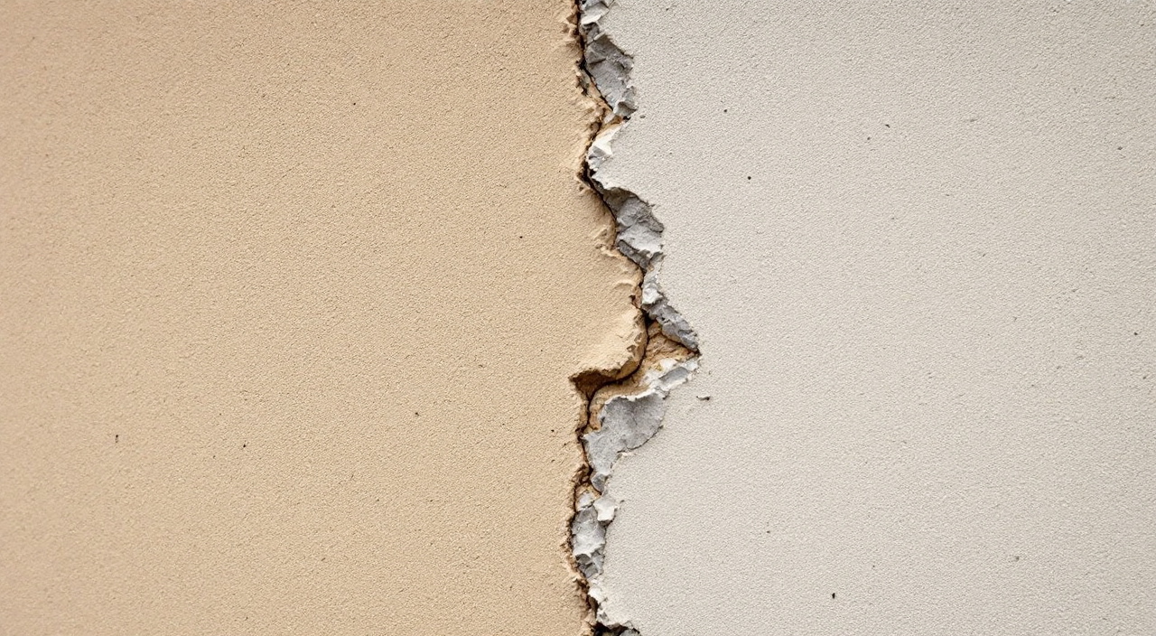 Détail d'angle d'une façade : à gauche un enduit gratté sable dont la cassure montre la même teinte dans toute l'épaisseur, à droite une peinture beige qui s'écaille et laisse voir un fond gris.