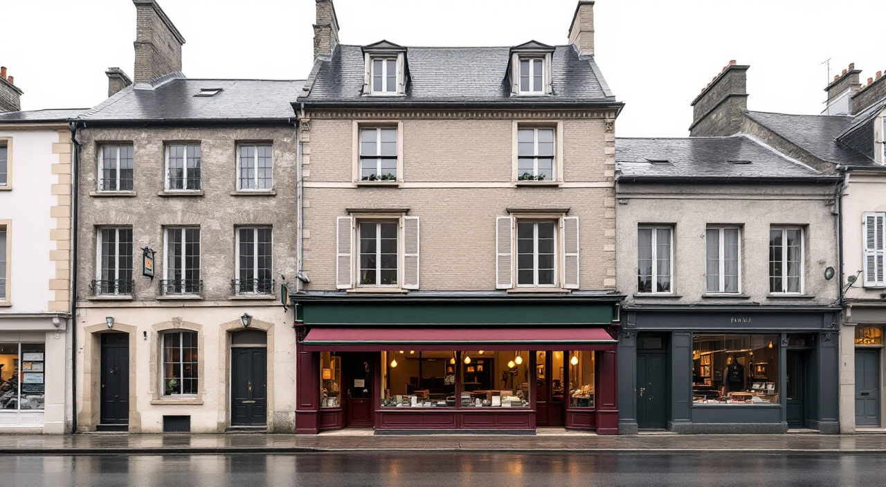 Rez-de-chaussée commercial d'un immeuble de ville : devanture en applique et bandeau sombre sous un enduit greige aux étages